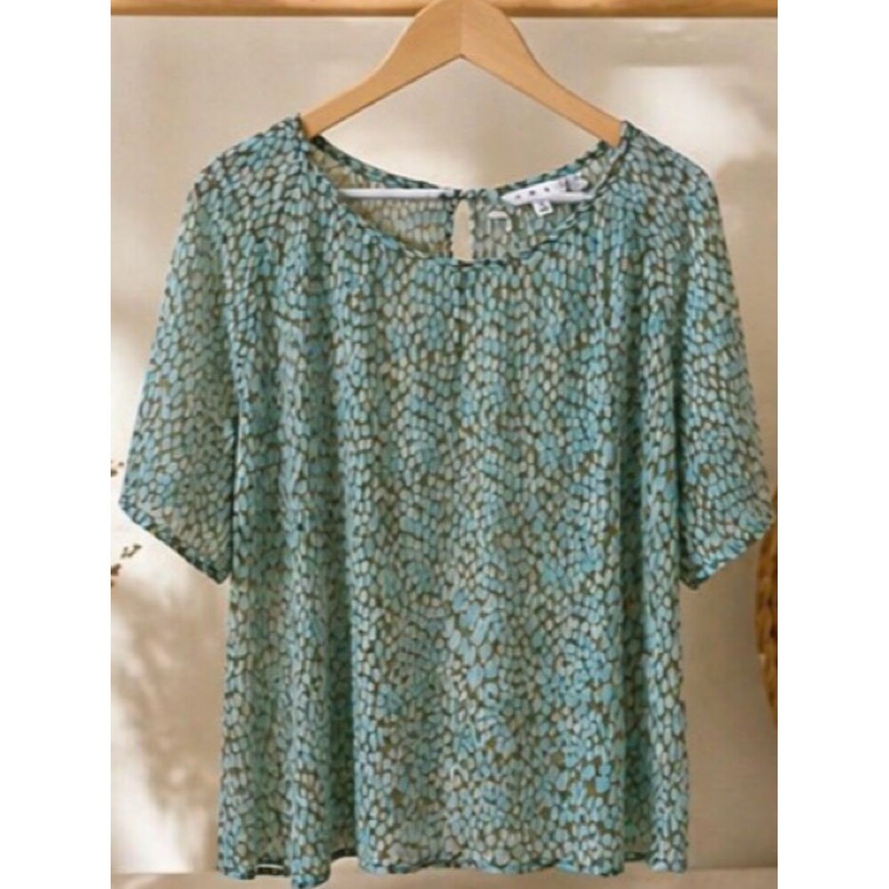 Cabi Green Brown Pebble Print Chiffon Women’s Blouse Top XL #602